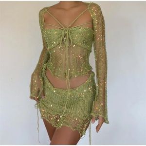 🌴 Sequined Knitted 3 Piece Set Knitted Top and Mini Skirt Great Festival…